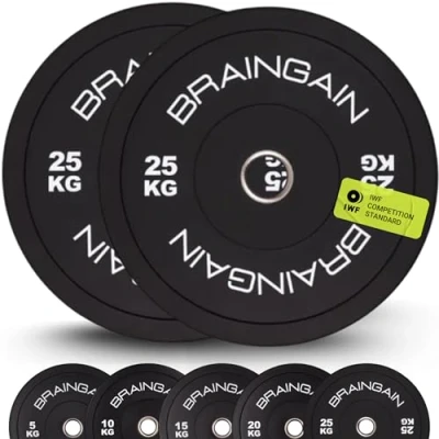 Image de Disques Bumper Olympiques BRAINGAIN PAIRE 1,5 kg 2,5 kg 5 kg 10 kg 15 kg 20 kg 25 kg 100 kg 150 kg de poids en caoutchouc plein 2 pour haltère (Noire, 2x 25kg)