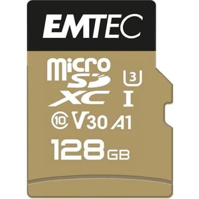 Image de EMTEC Carte microSD UHS I U3 V30 A1 128 GB, Go ECMSDM128GXC10SP Gamme Speedin Avec adaptateur Vitesse de lecture jusqu&#039;à 100 MB/s, Mo/s Noir/Or