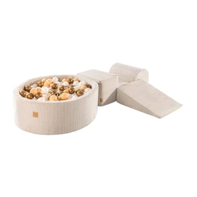 Image de MEOWBABY Blocs d&#039;escalade en Mousse Souple avec Piscine à Balles de 90x30cm et 200 Aire Jeu Intérieure pour Bébés Tout Petits Résistant, Côtelé, Ecru: Beige/Blanc Perle/Platine
