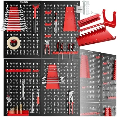 Image de TecTake® Panneau mural Perforé Porte outils Lot de 4 Panneaux 160 x 2 60 cm 34 pcs Crochet &amp; Supports, Extensible Système rangement Outillage visserie