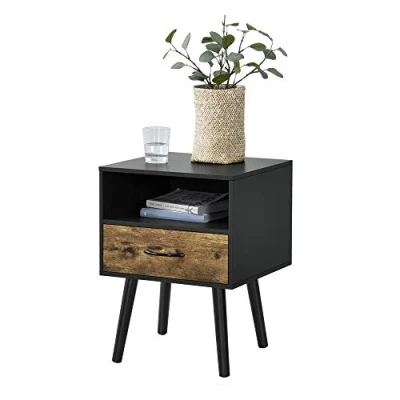 Image de [en.casa] Table de Chevet Design Commode à Tiroir Meuble Bas Style Intemporel Nuit avec Espace Stockage Panneau Particules Bois Revêtu par PVC 57 x 42 40 cm Noir Effet Foncé