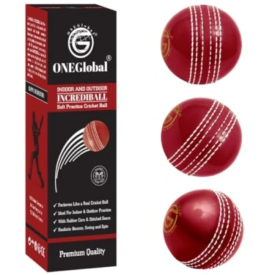 Image de ONEGlobal Balle de Cricket d&#039;Entraînement en Caoutchouc Souple et Sûre avec Vraie Couture Cousue Noyau pour Bounce, Swing &amp; Spin Idéal Le Développement des Compétences (3 Rouge)