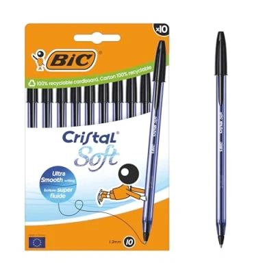 Image de BIC Cristal Soft Stylos Bille Pointe Moyenne (1,2 mm) avec Encre Easy Glide Noir, Boîte carton de 10