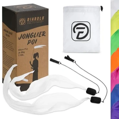 Image de Diabolo Freizeitsport Paire de Poi Lumineux UV Blanc 60 cm Ailes d&#039;ange Spiral Pois Soft Sac Transport inclu Idéal pour débutants et Professionnels
