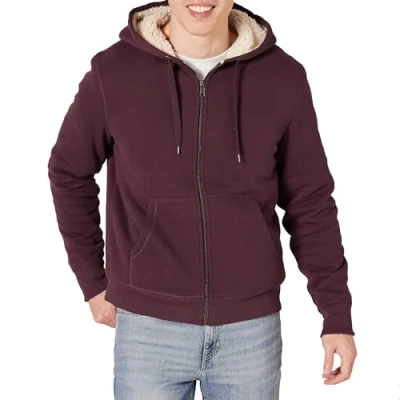 Image de Amazon Essentials Sweat à Capuche avec Fermeture Éclair intégrale et Doublure en Polaire Sherpa Homme, Bordeaux, M