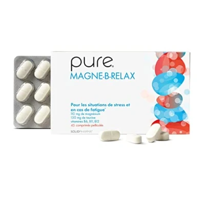 Image de Pure Magne B Relax 45 Comprimés Hautement Dosés, Véganes, Complément Alimentaire contre la Fatigue et le Stress, de Vitamines Complexe