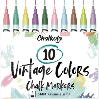 Image de Chalkola Marqueurs à craie liquide pour tableaux noirs (10 couleurs vintes) Pointe fine effaçable sec noirs, fenêtres réversible de 3 mm