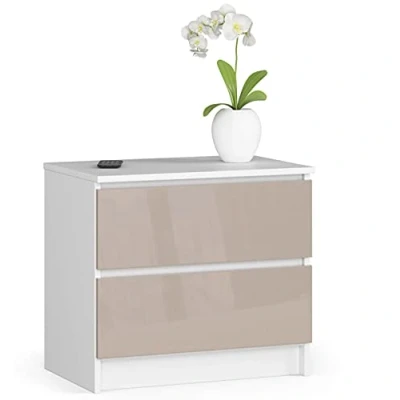 Image de Table de chevet deux tiroirs 60x40x55cm nuit style scandinave Meuble d&#039;appoint 2 Blanc et Beige