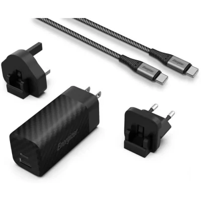 Image de Energizer Chargeur Rapide USB A et C 65W avec Câble C/USB 3 Prises Incluses (EU/US/UK) Noir