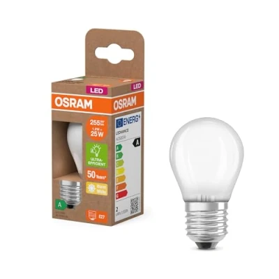 Image de OSRAM en forme de mini bouclassique, avec filament LED décoratif au design givré, classe d&#039;efficacité énergétique A, E27, 1,2 W, 255 lm, 2700 K, blanc chaud. Sans échauffement, pack 6