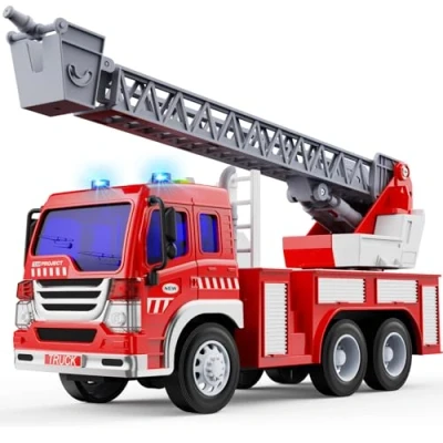 Image de GizmoVine Camion de Pompier Véhicule avec Lumières Sons, Voiture Enfant Jouet éChelle Rotative Sauvetage Extensible Construction Jouets (Rouge)