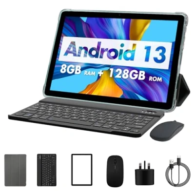 Image de PRITOM Tablette 10 Pouces Android 13, 8GB(4+4), 128GB, Extensible 1TB, 8000 mAh, WiFi Tablet, Qcta Core Processor, 6, Tablet PC avec Clavier, Souris, Étui, Vert Bleuté