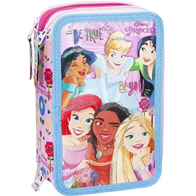 Image de Clondo Trousse Triple Remplie pour Fille, Princesses Fan, 44 Accessoires d&#039;École Primaire, 20 Centimètres, 3 Fermetures Éclair, Compartiments Organisés, Ariel, Raiponce, Cendrillon