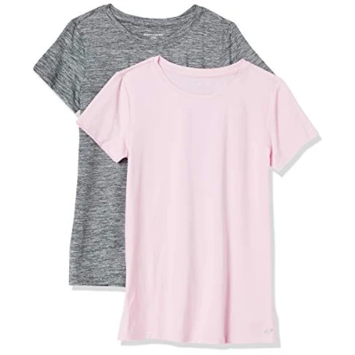 Image de Amazon Essentials T shirt à manches courtes et col rond Tech Stretch (disponible en grande taille) Femme, Lot de 2, Gris Teinture Spatiale/Rose Clair, M