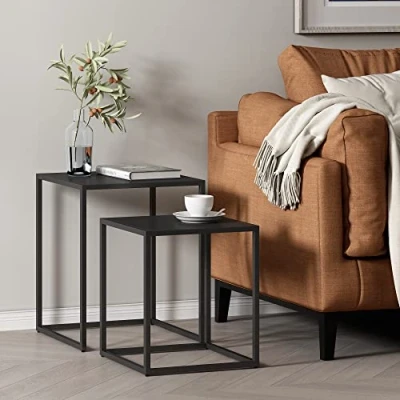 Image de [en.casa] Set de 2 Tables D&#039;Appoint Gigognes pour Salon Lot Petites Carrées Tailles Différentes Basses Ensemble Bouts Canapé Acier Noir Mat