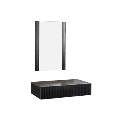 Image de Meuble d&#039;Entrée cannelé avec Miroir et Tiroir Suspendu Finition en couleur Noir Mate Modèle Amira