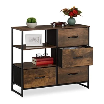 Image de Relaxdays Commode de Style Industriel, HLP 71,5 x 84 32,5 cm, métal, Aspect Bois, avec 4 tiroirs, Buffet, Marron/Noir