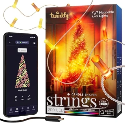 Image de Twinkly Strings Candle 200 LED, Guirlande Leds en Forme de Bougie, Fil Lumineux LED Multicolore RGB, Compatible avec Alexa, Google Home, Lumières Gaming, Alimentation USB C, Transparent, 2 x 6m.
