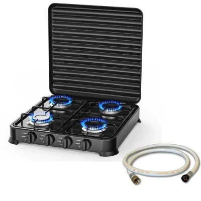 Image de INTEC Plaque de cuisson gaz 4 feux 8800W Table portable + Tuyau Butane/Propane Bruleurs inox