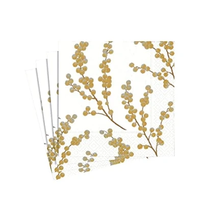 Image de Entertaining with Caspari Lot de 20 serviettes en papier Motif branches baies Blanc et doré