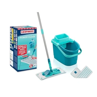 Image de Leifheit Set PowerClean M, Balai serpillère et Seau essoreur ménageant Le Dos, kit avec 2 Housses serpillière Micro Duo pour Un Nettoyage en Profondeur, mécanisme d&#039;essorage Facile, Click System