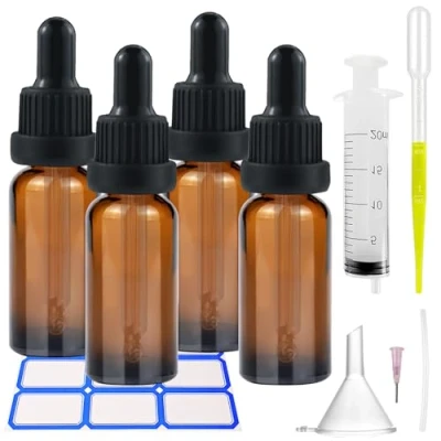 Image de Lot de 4 flacons Compte gouttes 50 ml, Bouteilles en Verre Vide avec Pipettes et Entonnoir, Petit Flacon Ambré type Apothicaire, pour Huile Essentielle (Marron)