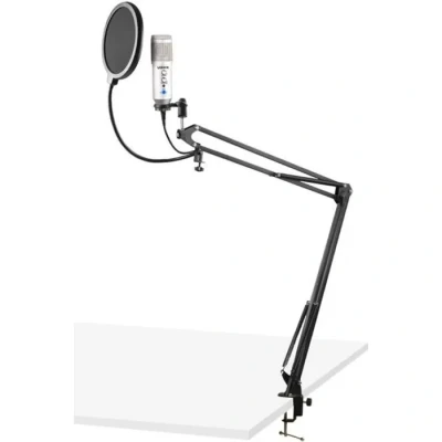 Image de Vonyx CMS320S Microphone studio USB avec bras articulé réglable et filtre anti pop Titane, micro professionnel