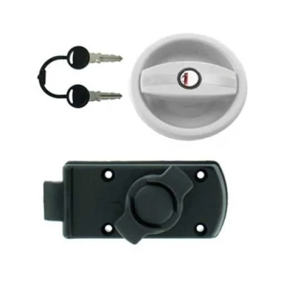 Image de Serrure extérieure Blanche avec intérieure Noire à Bouton pour Porte de Caravane Ouverture Gauche + Barillet &amp; clés