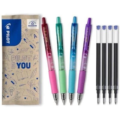 Image de PILOT Lot de 4 G2 Bubble + Recharges Stylos Roller à Encre gel Rétractables et Rechargeables Excellent Confort d&#039;Écriture Violet, Vert, Turquoise, Bordeaux bleue Pointe Moyenne
