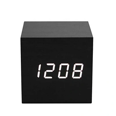 Image de ThreeH Réveil LED numérique en Bois Cube avec Affichage Heure, Date Et Température (USB/Piles) AC10 Noir Blanc