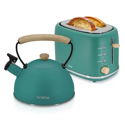 Image de briebe Nordic Ensemble Grille Pain 2 Fentes Tranches Larges, 6 Niveaux de Dorage + Bouilloire Induction Sifflante 2,3L, Acier Inoxydable, sans BPA, Pack Petit Déjeuner, Design Nordique, Vert