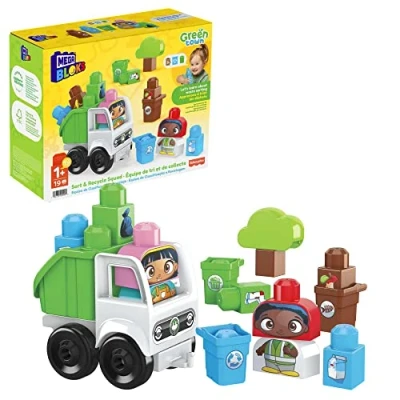 Image de MEGA Bloks First Builders Ville Verte, Camion Brigade du Recyclage, Jeu de Construction, 19 pièces Dont Gros Blocs et 2 Personnages, pour Enfants bébés dès 1 an, HDL06