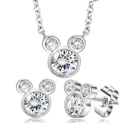 Image de collier en cristal femmes ensemble de bijoux brillant CZsterling argent mickey mouse pendentif et boucles d&#039;oreilles cadeau pour filles avec boîte à chaîne
