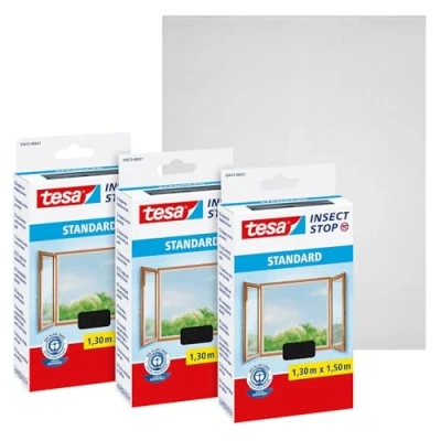 Image de Tesa Insect Stop Auto Agrippant STANDARD pour Fenêtres Filet Anti Moustiques Adhésif Découpable à la Dimension Souhaitée Anthracite, Lot de 3, 130 cm x 150