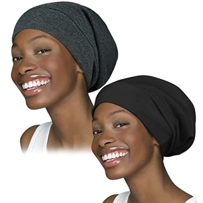 Image de Ensemble de 2 bonnets nuit doublés satin pour femmes à cheveux bouclés, extérieur 100 % viscose bambou, filles, Noir/gris, Taille unique