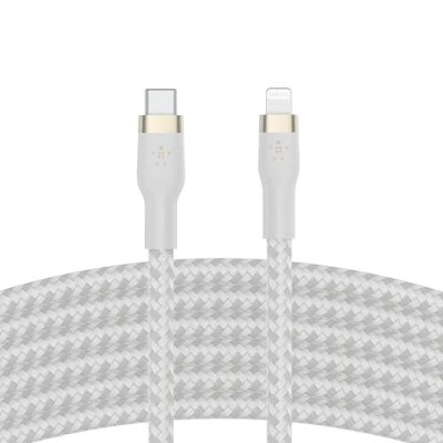 Image de Belkin Câble à gaine tressée USB C vers Lightning BoostCharge Pro Flex (3 m), certifié MFi (20 W), recharge Power Delivery pour iPhone 14/14 Plus, 13, 12, Pro, Max, mini, SE, iPad, etc. (blanc)
