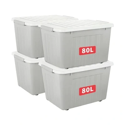 Image de Cetomo Lot de 4 boîtes rangement en plastique grises 80 l avec couvercle durable et boucles verrouillage sécurisées, empilables emboîtables, boucle, Gris