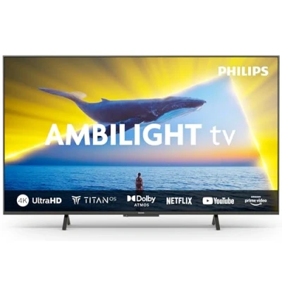 Image de Philips Ambilight 43PUS8109 Smart TV LED 4K Écran 43 Pouces avec Plate Forme Pixel Precise Ultra HD, Titan OS et Son Dolby Atmos, Fonctionne l’Assistant Vocal Alexa Google Chrome satiné