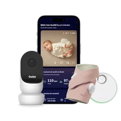 Image de Owlet Dream Duo 2 Système de Surveillance Intelligent pour bébé : Sock® &amp; Cam Suivi du pouls et l&#039;oxygène vidéo HD Dusty Rose