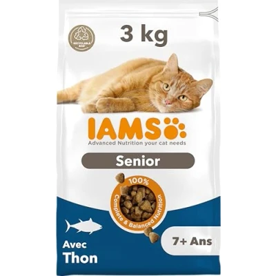 Image de IAMS Advanced Nutrition Croquettes pour Chat à partir de 7 Ans 100% Complètes et équilibrées Au Thon sans OGM Colorants Arômes Artificiels Sac refermable 3kg