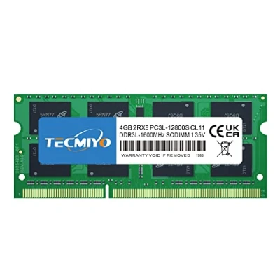 Image de TECMIYO 4Go DDR3/DDR3L 1600MHz SODIMM Mémoire RAM PC3/PC3L 12800 2Rx8 1.35V /1.5V CL11 204 Pin Non ECC Unbuffered Laptop Memory Module pour Ordinateur Portable Mac, Intel et AMD System