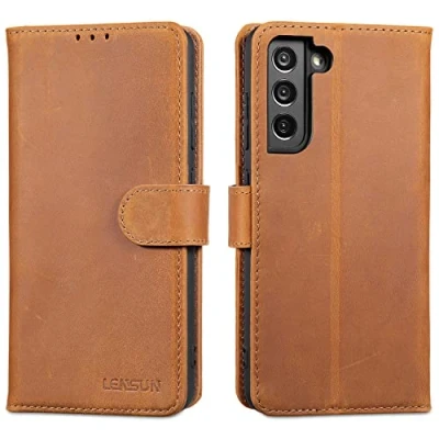 Image de LENSUN Coque pour Samsung Galaxy S21 FE 5G, Étui en Cuir Véritable Portefeuille Housse[RFID Blocage] avec Rangements Cartes et Fermoir Magnétique Compatible Brun Rétro