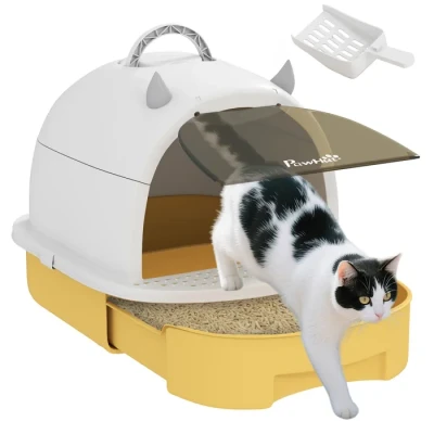 Image de PawHut Maison de Toilette pour Chat, bac à litière fermé 2 Packs filtres au Charbon poignée Transport Porte translucide Nettoyage Facile Jaune