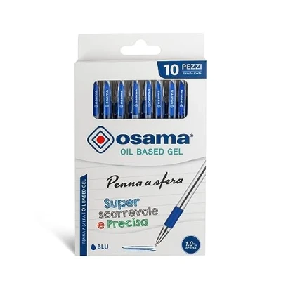 Image de Osama Stylo Bille avec Encre OBG, Set 10 Unités, Pointe Fine 1 mm à Capuchon Stylos pour Papeterie et Fourniture Scolaire, Bureau Université Gel Trait Fluide Précis, Bleu