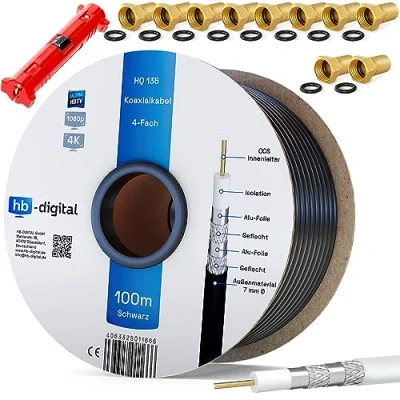 Image de HB DIGITAL 100m câble coaxial Sat HQ 135dB Pro INCL. Pince à dénuder + 10 fiches F plaquées Or d&#039;antenne Satellite Quadruple blindé pour systèmes Radio BK DVB S/S2 C/C2 T/T2 Dab+. Noir