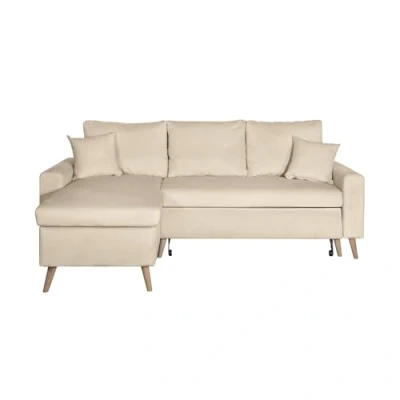 Image de LOUNGITUDE Maria SCANDINAVE Canapé d&#039;angle réversible Convertible 4 Places Coffre en Velours Beige L227cm