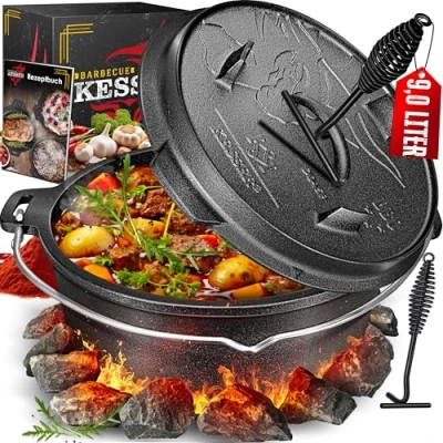 Image de KESSER® Dutch Oven Set BBQ 9 litres, marmite à feu avec pieds, Casserole en fonte anse pour soulever le couvercle et fente thermomètre, de cuisson