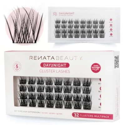 Image de Renata Beauty Day2Night Faux Cils Cluster Multipack 32 pièces, Longueurs Mixtes (10 14mm), Courbe C, Longue Tenue, Facile à Appliquer, Réutilisables