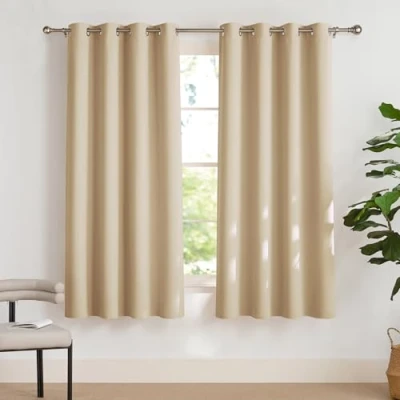 Image de PONY DANCE Rideau Occultant Beige Rideaux Oeillets de Fenêtre et Draperies Lumineux Bloquer Economie d&#039;énergie Solid Prêt à Poser, L 140 x H 175 cm, Jaune Beige, 2 Panneaux