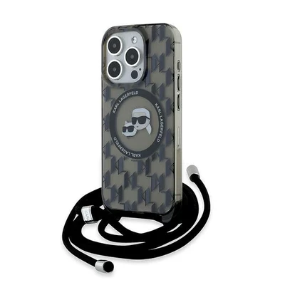 Image de Étui Karl Lagerfeld pour iPhone 15 Pro 6.1 noir étui rigide IML Crossbody Monogram &amp; Choupette Head MagSafe Neuf